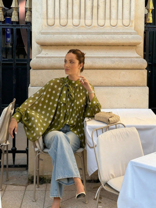 Plus Size Women's Elegant Casual Fashion Moss Green Polka Dot Pattern Blouse- Bow Tie, Lantern Sleeve, Loose, Pleated, Semi-Sheer Summer