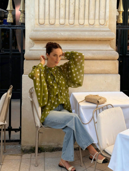 Plus Size Women's Elegant Casual Fashion Moss Green Polka Dot Pattern Blouse- Bow Tie, Lantern Sleeve, Loose, Pleated, Semi-Sheer Summer