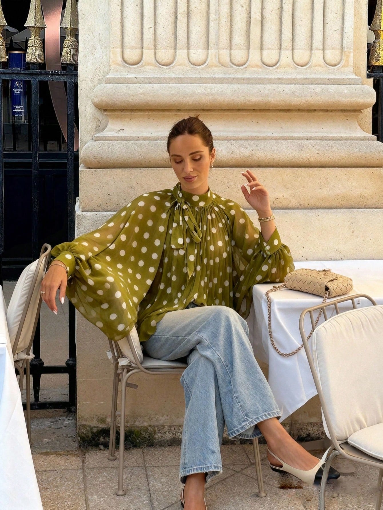 Plus Size Women's Elegant Casual Fashion Moss Green Polka Dot Pattern Blouse- Bow Tie, Lantern Sleeve, Loose, Pleated, Semi-Sheer Summer