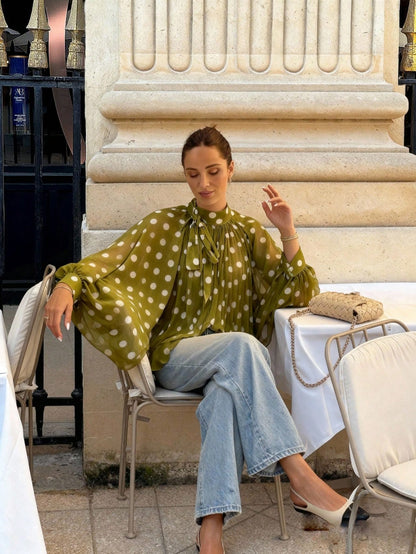 Plus Size Women's Elegant Casual Fashion Moss Green Polka Dot Pattern Blouse- Bow Tie, Lantern Sleeve, Loose, Pleated, Semi-Sheer Summer
