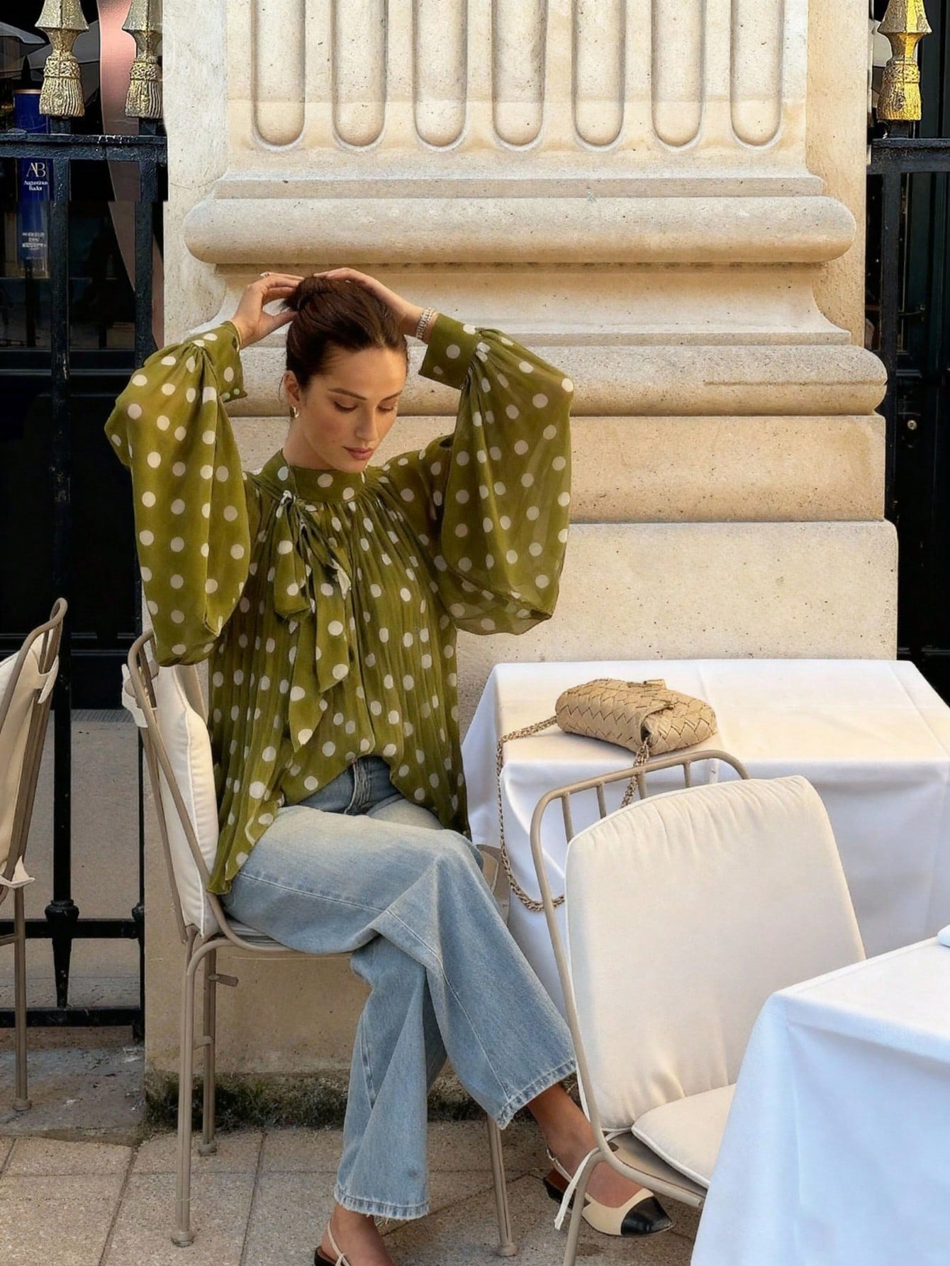 Plus Size Women's Elegant Casual Fashion Moss Green Polka Dot Pattern Blouse- Bow Tie, Lantern Sleeve, Loose, Pleated, Semi-Sheer Summer