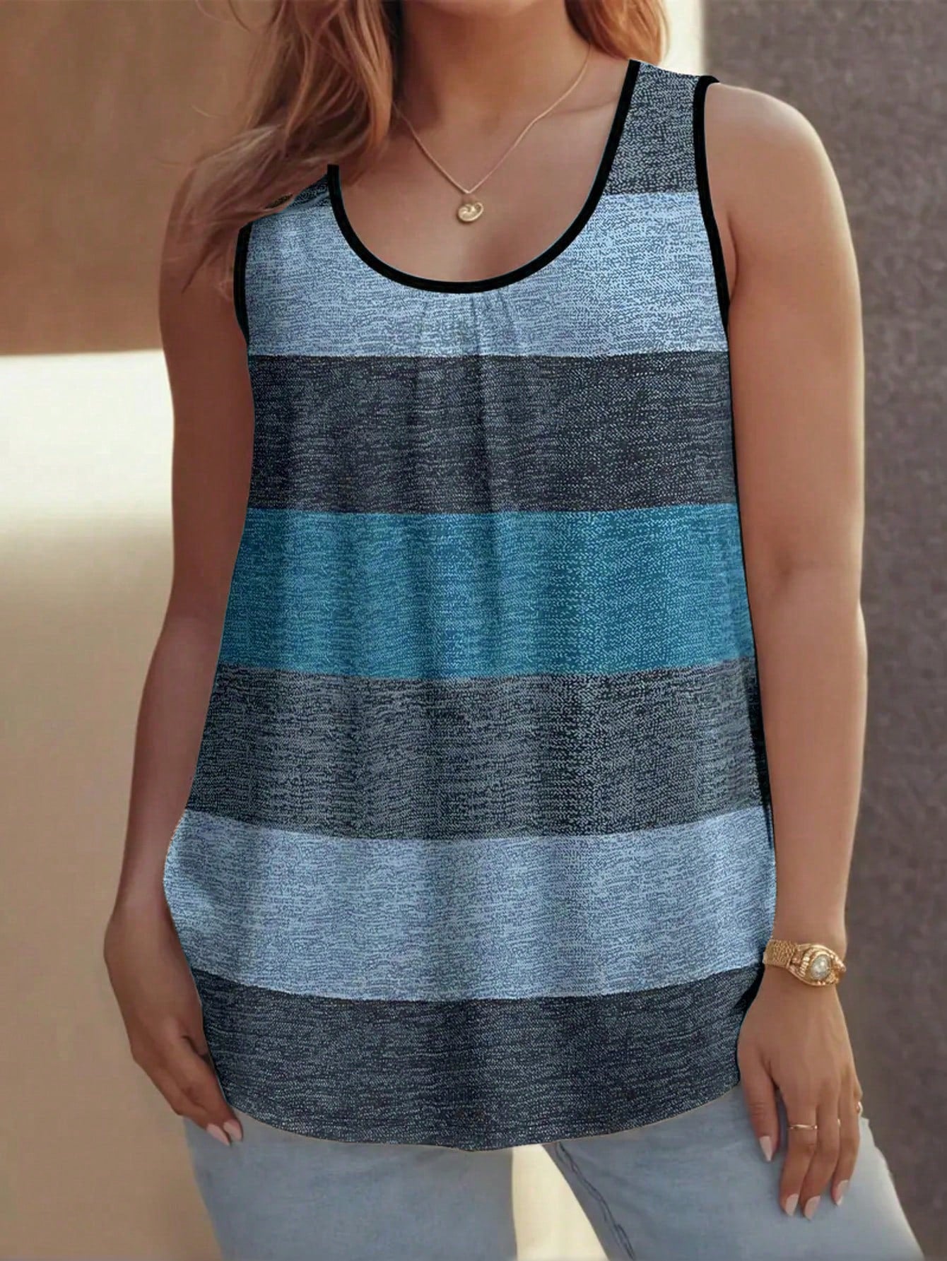 Plus Size Women's Elegant Sleeveless Ruched Colorblock Tank Top, Summer Autumn Ladies Top Casual
