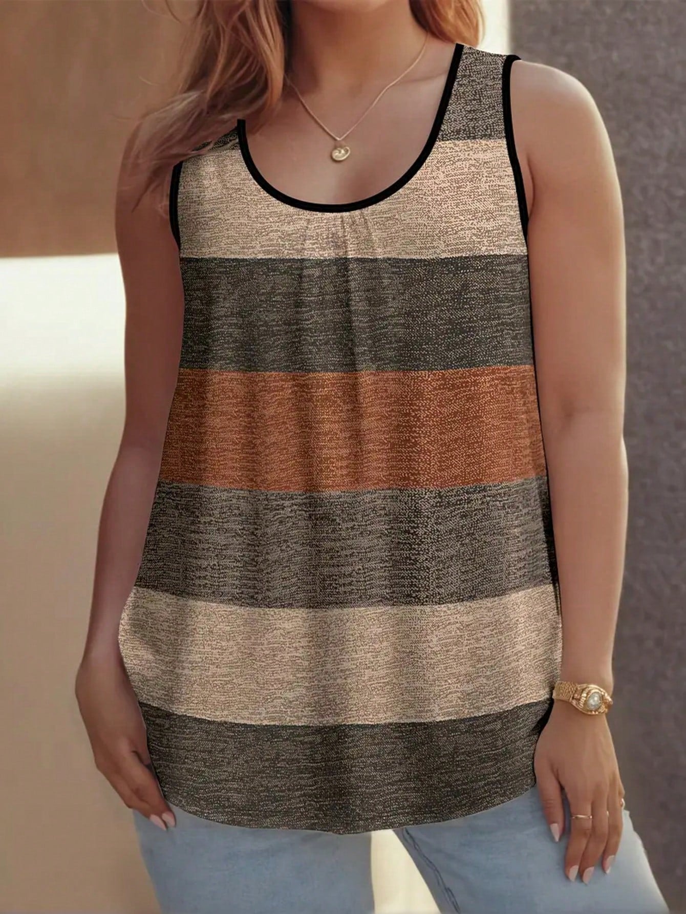 Plus Size Women's Elegant Sleeveless Ruched Colorblock Tank Top, Summer Autumn Ladies Top Casual
