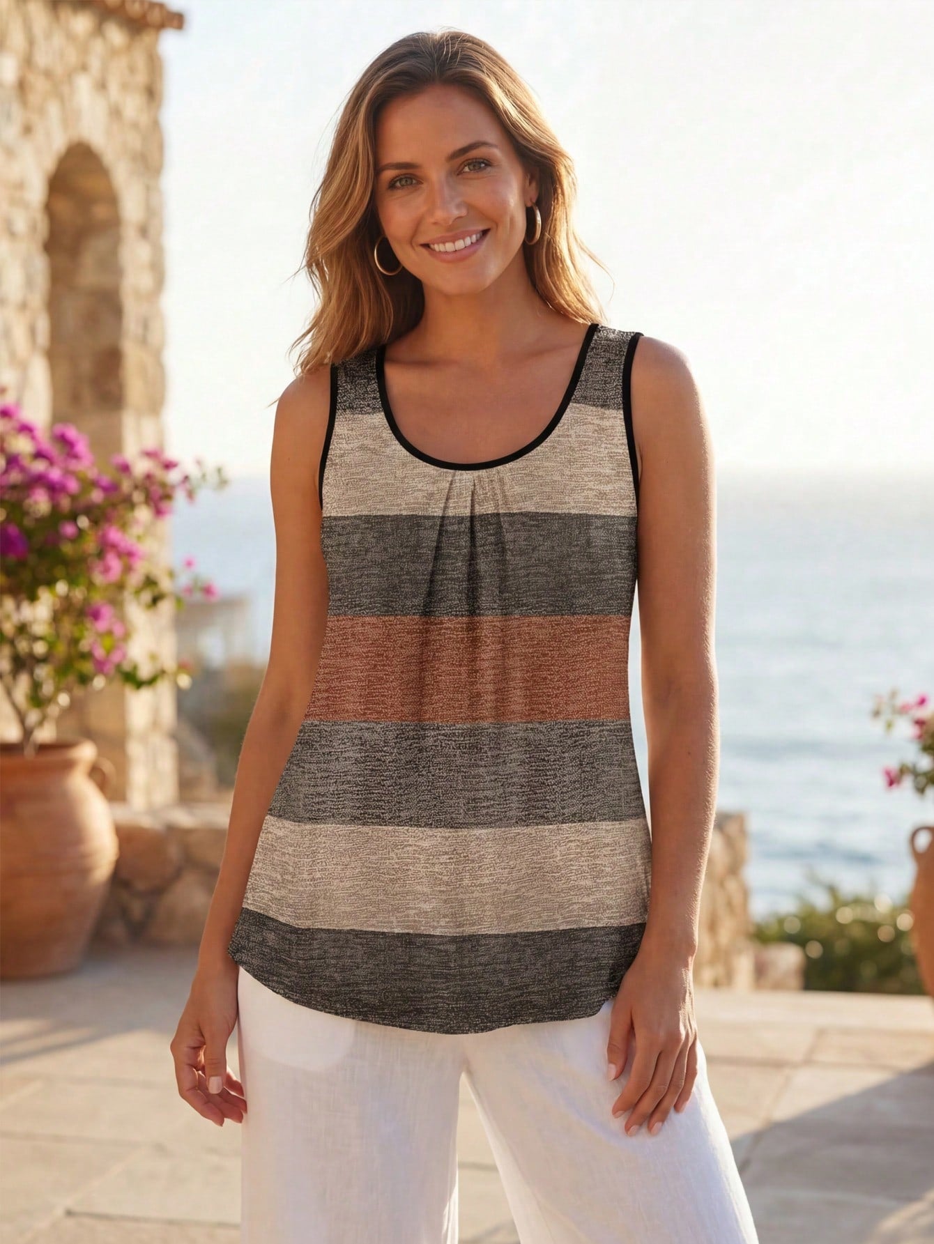 Plus Size Women's Elegant Sleeveless Ruched Colorblock Tank Top, Summer Autumn Ladies Top Casual