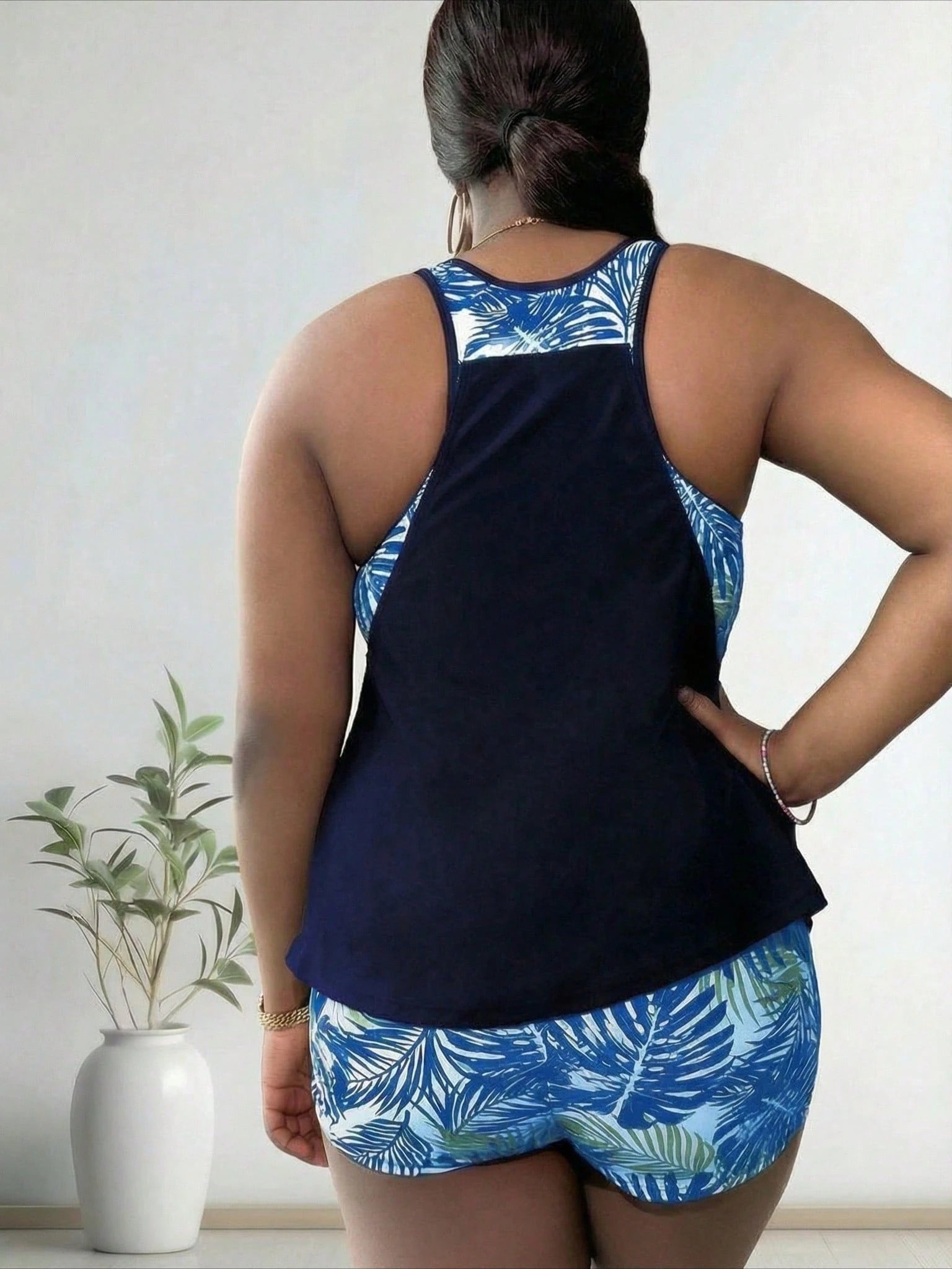 Plus Size Women's Patchwork Ruched Tankini Top And Shorts Swimwear Set, Suitable For Summer Vacation