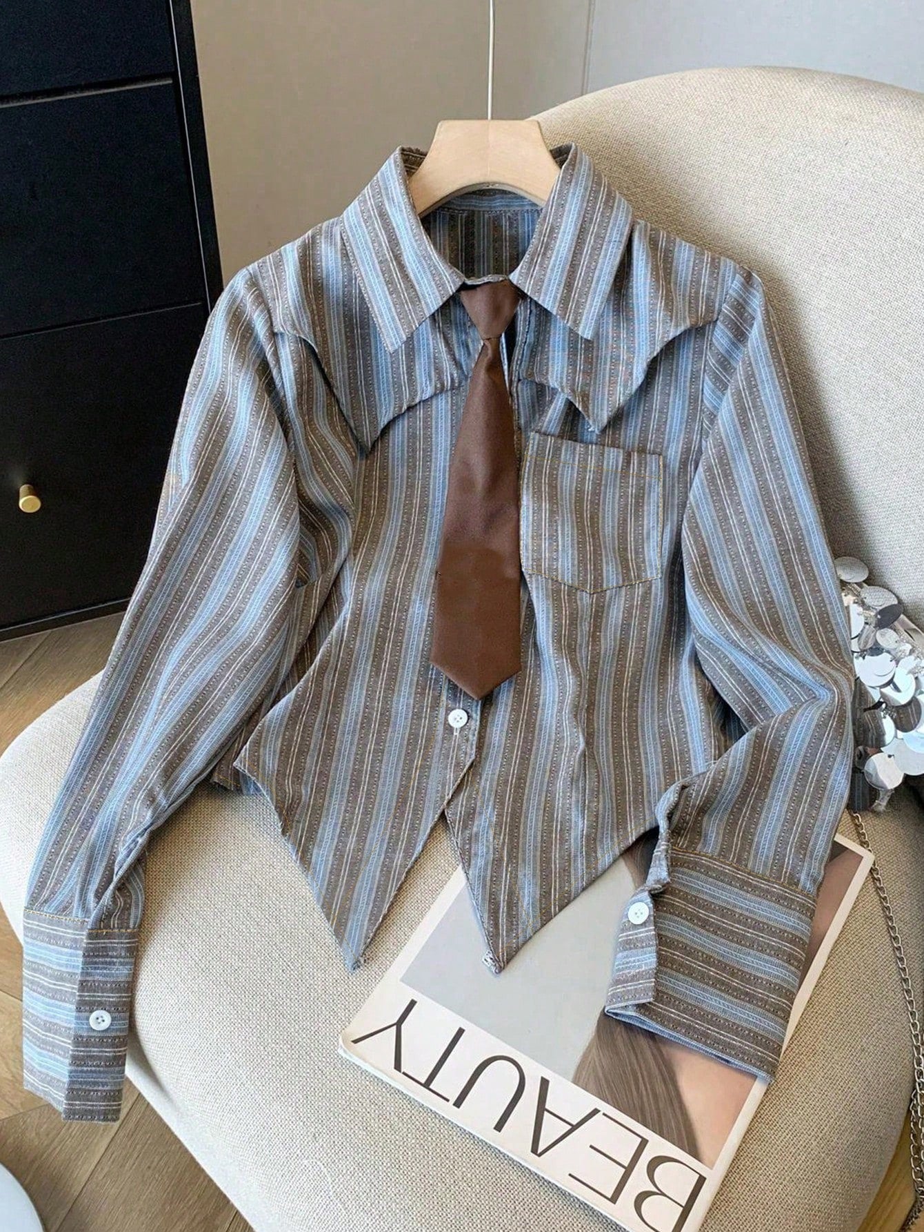 Plus Size Women's Striped Collar Casual Shirt, Suitable For Everyday Casual Wear In All Seasons Spring