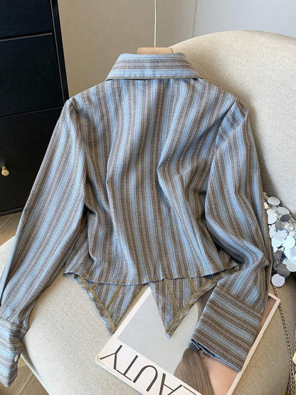 Plus Size Women's Striped Collar Casual Shirt, Suitable For Everyday Casual Wear In All Seasons Spring