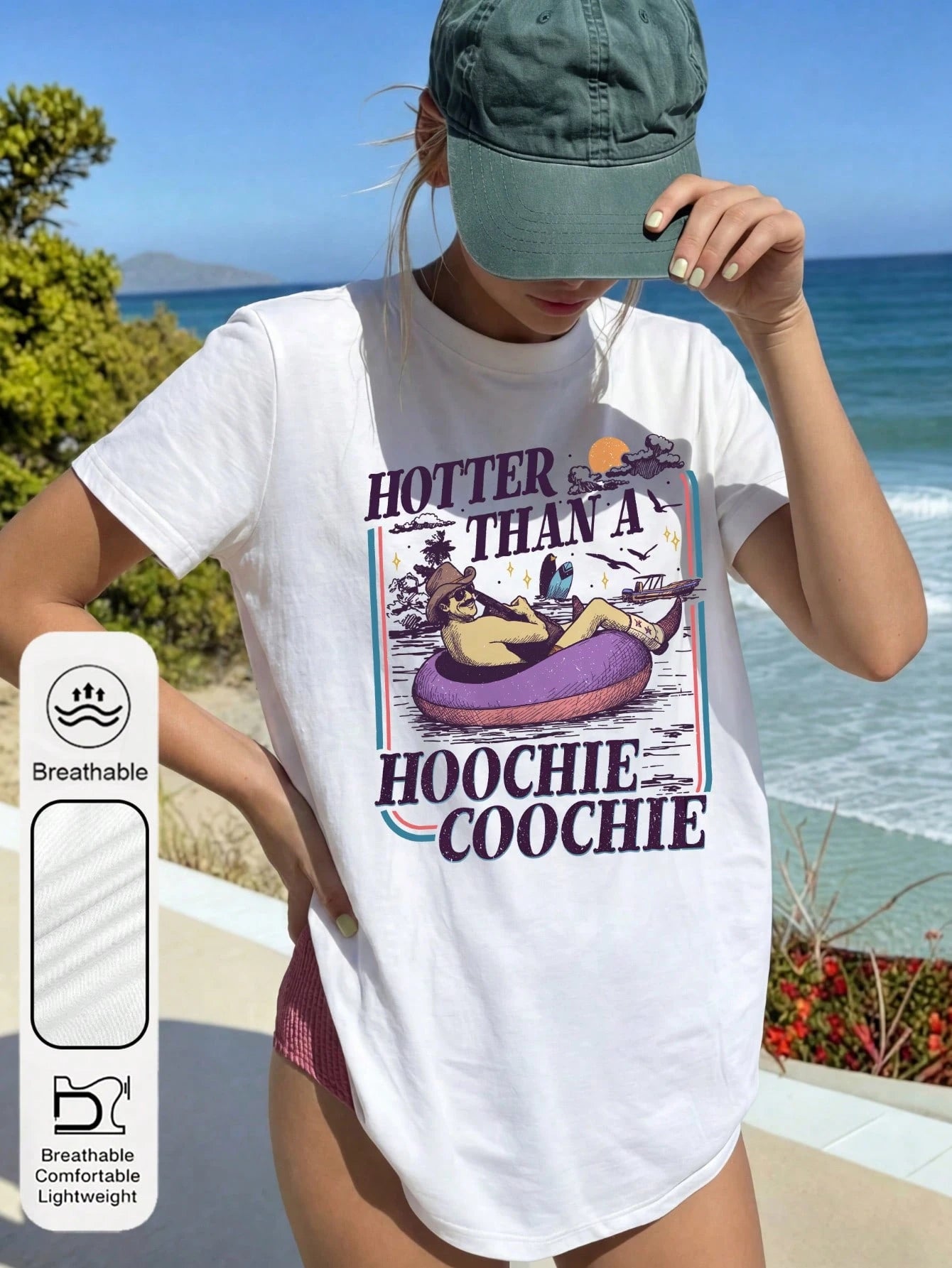 Plus Size Women's Summer Vacation Cowboy Hat Graphic Round Neck Short Sleeve Retro Summer Top Women's Beach Purple Life Buoy Graphic Round Neck Short Sleeve Casual Summer White T-Shirt Women's Sunset