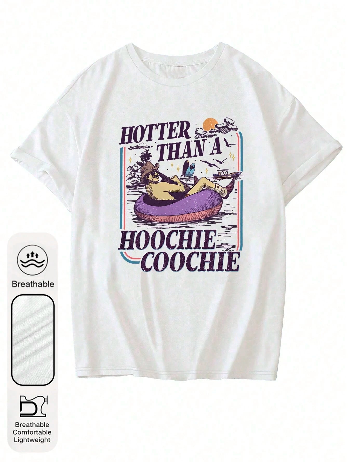 Plus Size Women's Summer Vacation Cowboy Hat Graphic Round Neck Short Sleeve Retro Summer Top Women's Beach Purple Life Buoy Graphic Round Neck Short Sleeve Casual Summer White T-Shirt Women's Sunset