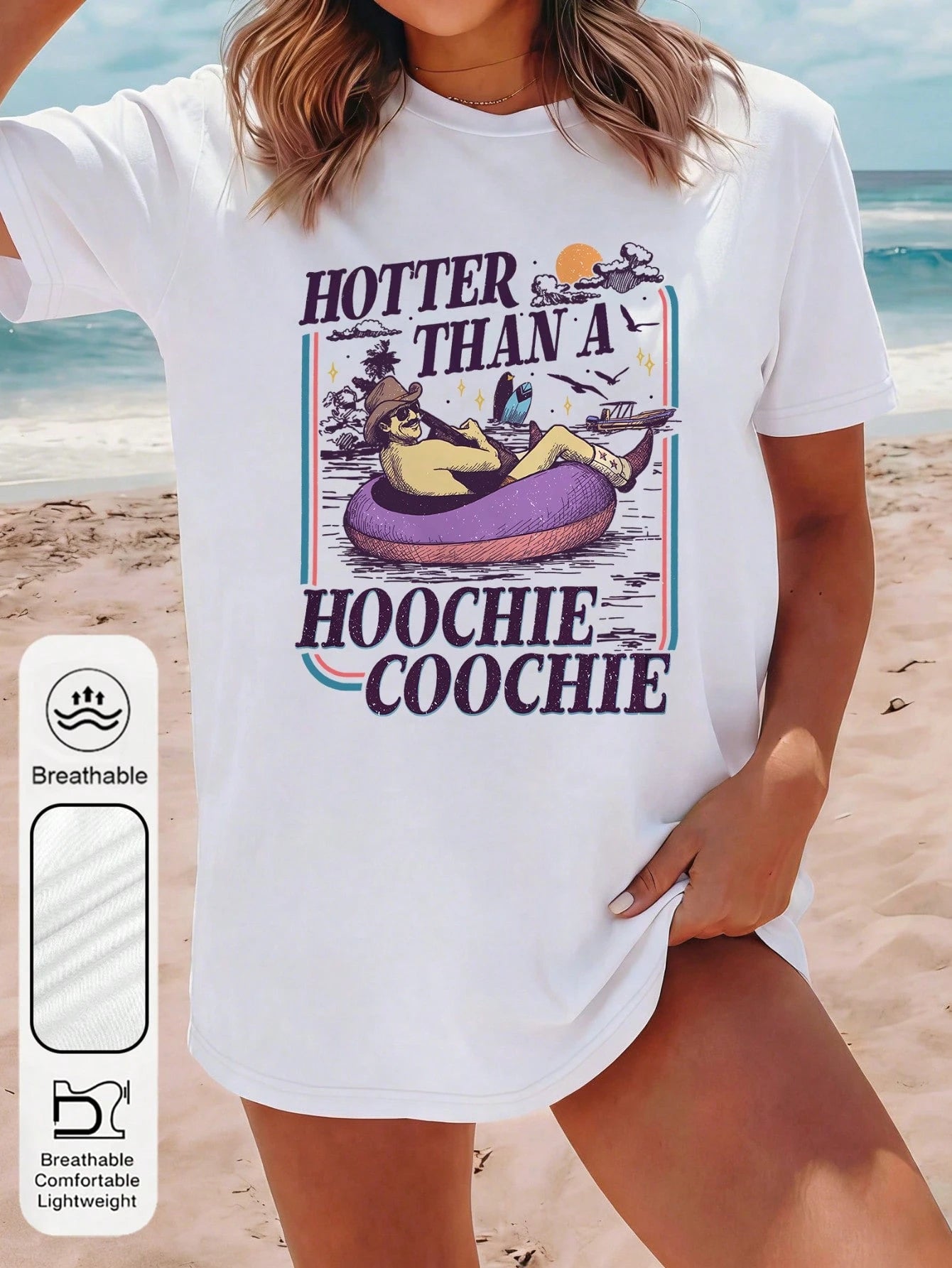 Plus Size Women's Summer Vacation Cowboy Hat Graphic Round Neck Short Sleeve Retro Summer Top Women's Beach Purple Life Buoy Graphic Round Neck Short Sleeve Casual Summer White T-Shirt Women's Sunset