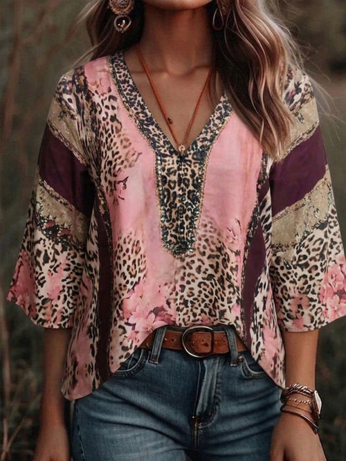 Plus Size Women's Vintage Leopard Print V-Neck 3/4 Sleeve Blouse Pink Spring Summer Vacation