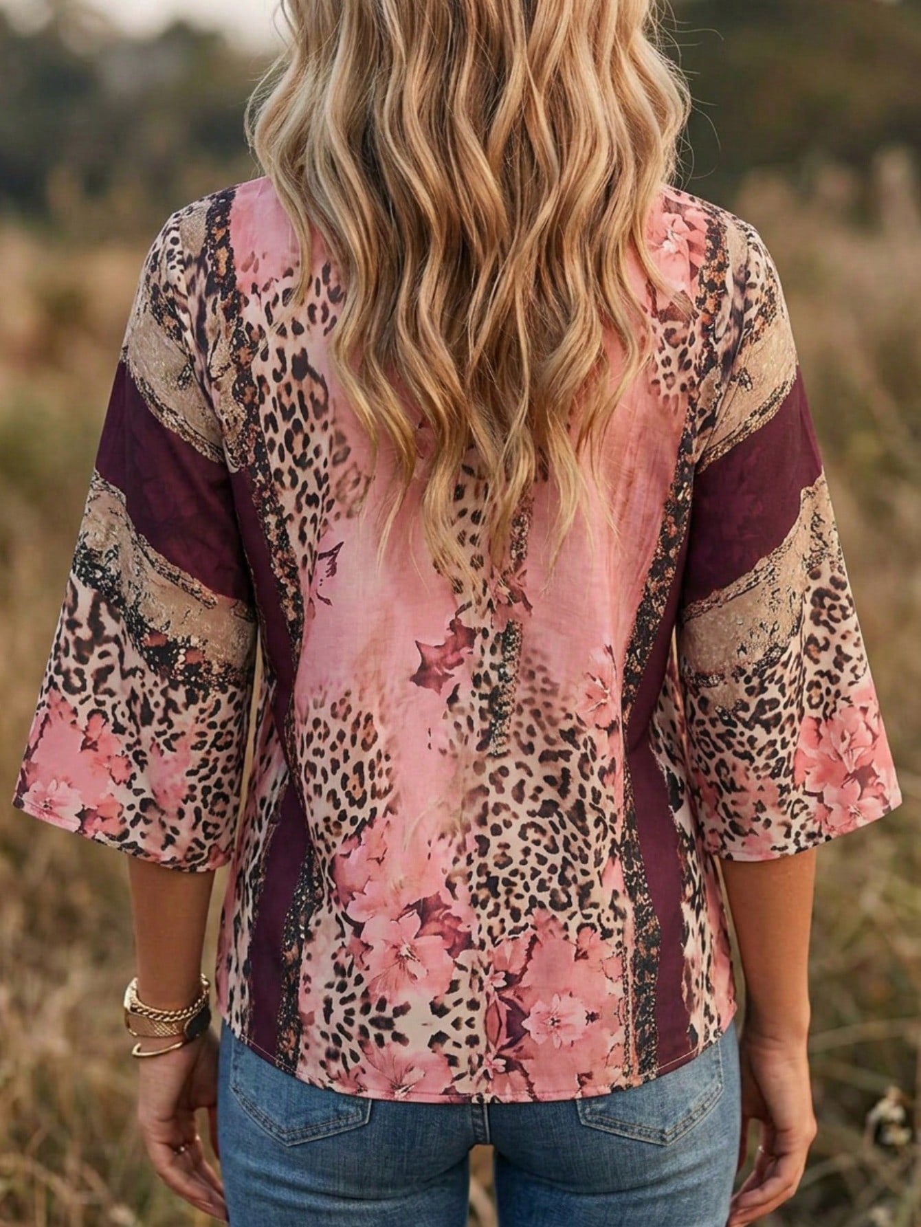 Plus Size Women's Vintage Leopard Print V-Neck 3/4 Sleeve Blouse Pink Spring Summer Vacation