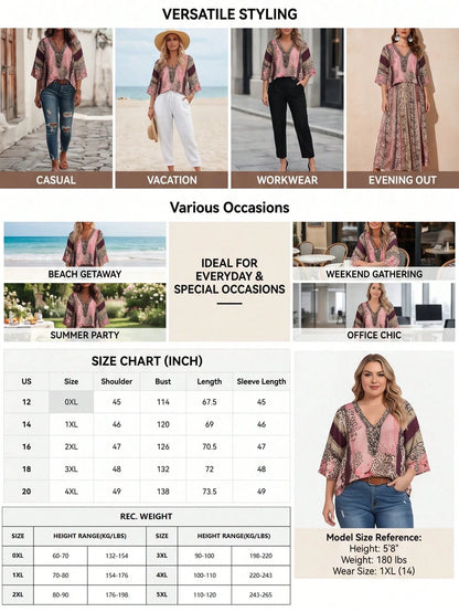 Plus Size Women's Vintage Leopard Print V-Neck 3/4 Sleeve Blouse Pink Spring Summer Vacation