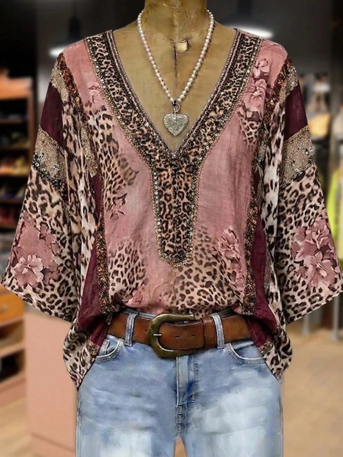 Plus Size Women's Vintage Leopard Print V-Neck 3/4 Sleeve Blouse Pink Spring Summer Vacation