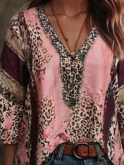 Plus Size Women's Vintage Leopard Print V-Neck 3/4 Sleeve Blouse Pink Spring Summer Vacation
