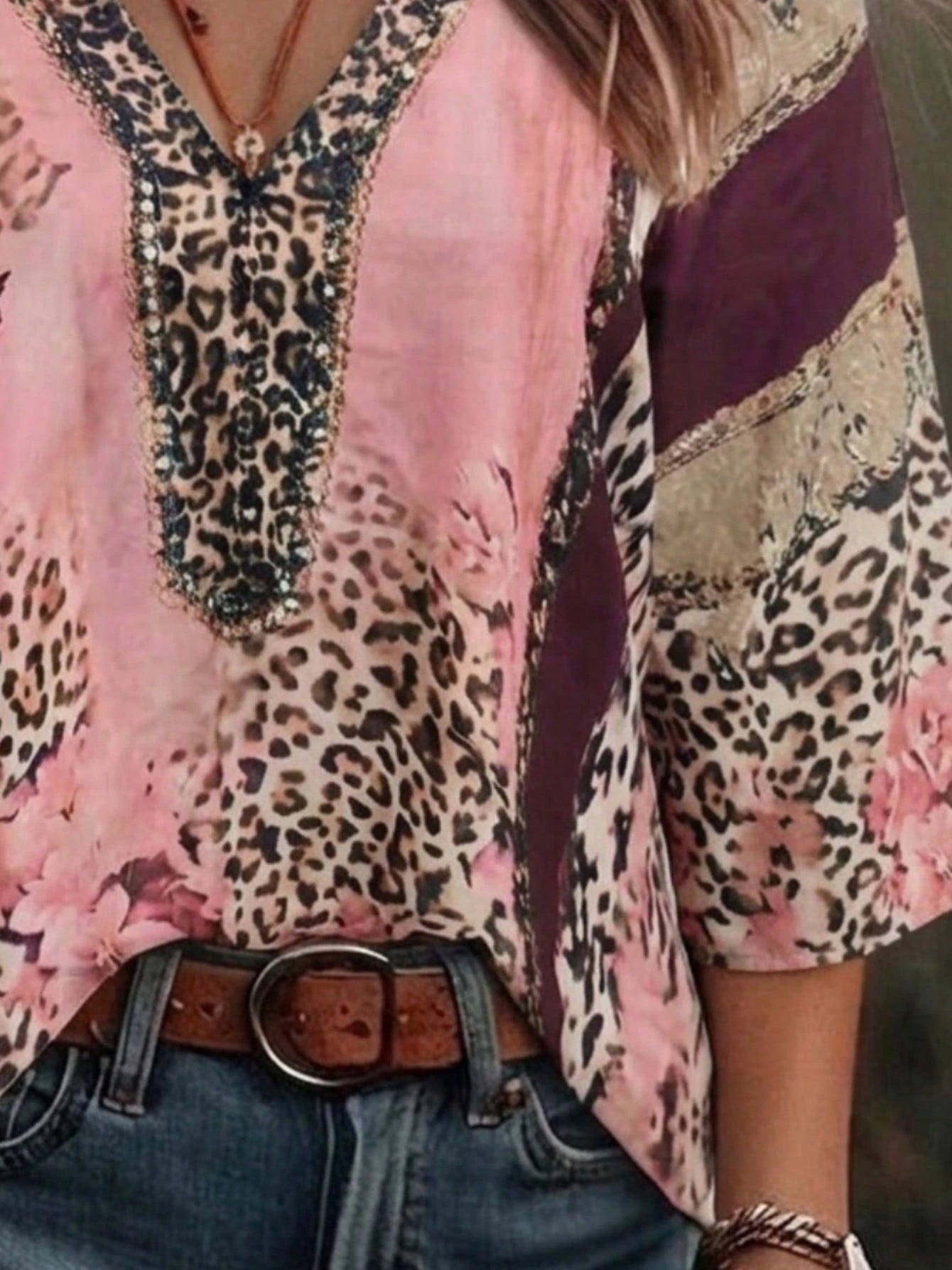 Plus Size Women's Vintage Leopard Print V-Neck 3/4 Sleeve Blouse Pink Spring Summer Vacation