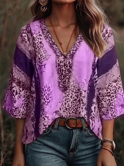 Plus Size Women's Vintage Leopard Print V-Neck 3/4 Sleeve Blouse Pink Spring Summer Vacation