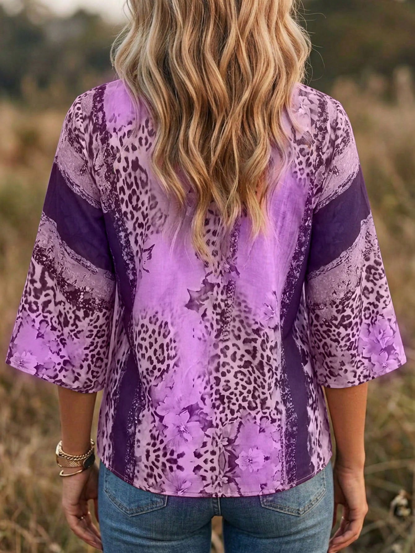 Plus Size Women's Vintage Leopard Print V-Neck 3/4 Sleeve Blouse Pink Spring Summer Vacation
