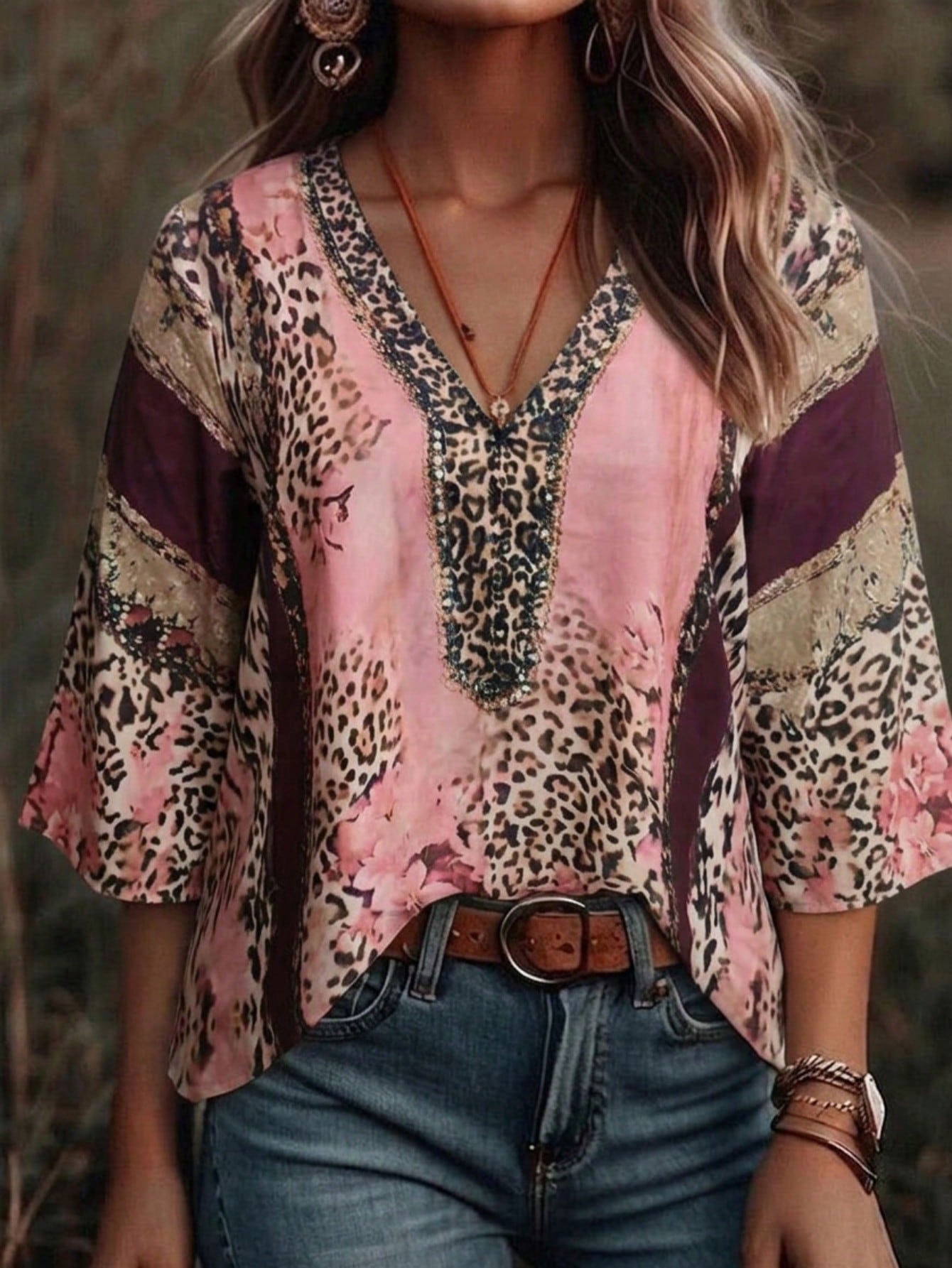Plus Size Women's Vintage Leopard Print V-Neck 3/4 Sleeve Blouse Pink Spring Summer Vacation