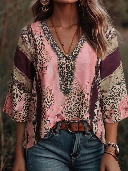 Plus Size Women's Vintage Leopard Print V-Neck 3/4 Sleeve Blouse Pink Spring Summer Vacation