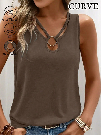 Plus Size Women Solid Color Sleeveless Hollow Out Tank Top, Summer Casual