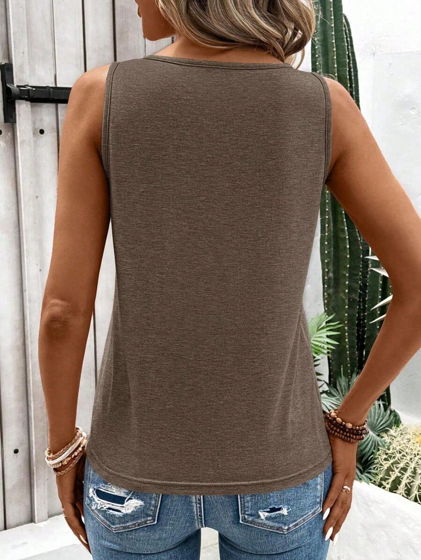 Plus Size Women Solid Color Sleeveless Hollow Out Tank Top, Summer Casual