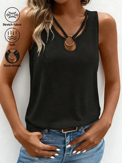 Plus Size Women Solid Color Sleeveless Hollow Out Tank Top, Summer Casual