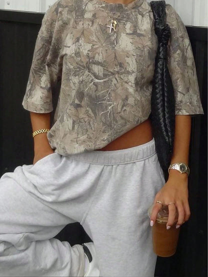 Plus Size Women Tree Branch Print Round Neck Drop Shoulder Casual T-Shirt