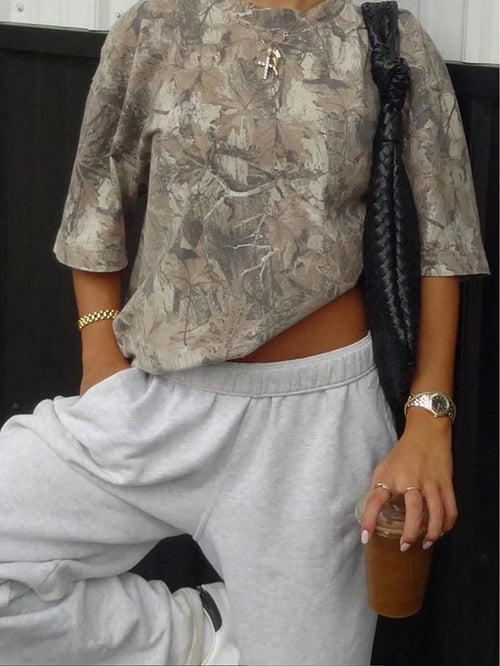 Plus Size Women Tree Branch Print Round Neck Drop Shoulder Casual T-Shirt