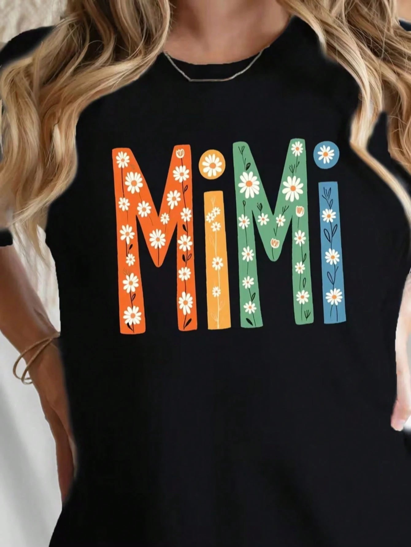 Plus Size, Women's Navy Blue Floral Mimi Graphic Tee- Soft Everyday Shirt With Floral Accent Letters, Breathable Round Neck Top For Women