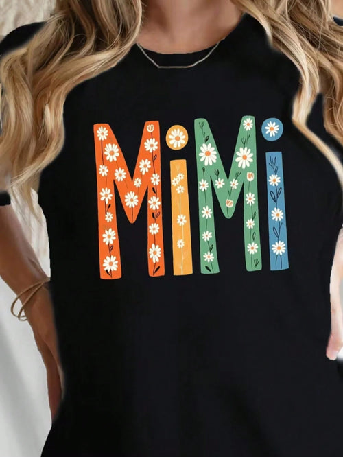 Plus Size, Women's Navy Blue Floral Mimi Graphic Tee- Soft Everyday Shirt With Floral Accent Letters, Breathable Round Neck Top For Women