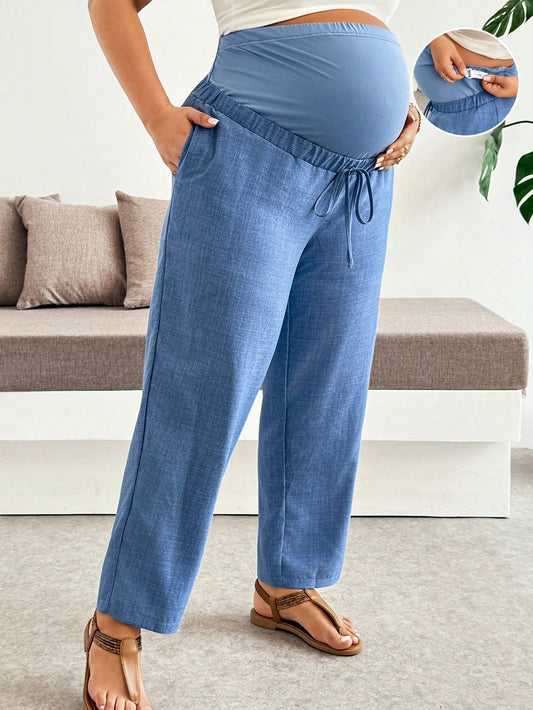 Plussiva Plus Size Maternity Pants For Summer Blue Tapered A Comfortable And Casual Vacation Look Adjustable Waist Drawstring Pocket Maternity