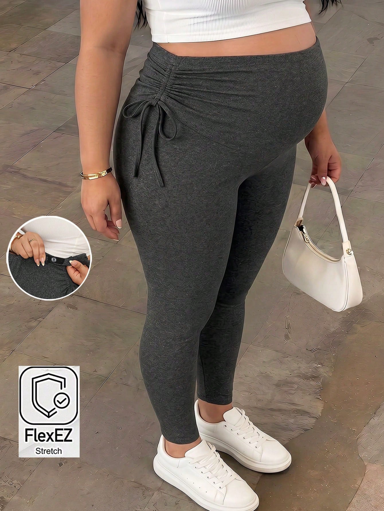 Plussiva Plus Size Maternity Solid Color Adjustable Waist Drawstring Leggings Maternity Leggings Pregnancy Leggings Fall
