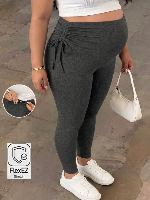 Plussiva Plus Size Maternity Solid Color Adjustable Waist Drawstring Leggings Maternity Leggings Pregnancy Leggings Fall