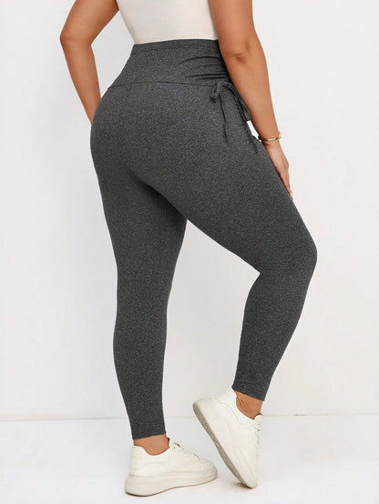 Plussiva Plus Size Maternity Solid Color Adjustable Waist Drawstring Leggings Maternity Leggings Pregnancy Leggings Fall