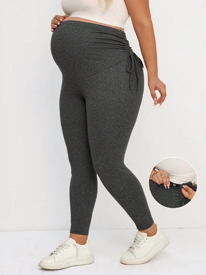 Plussiva Plus Size Maternity Solid Color Adjustable Waist Drawstring Leggings Maternity Leggings Pregnancy Leggings Fall