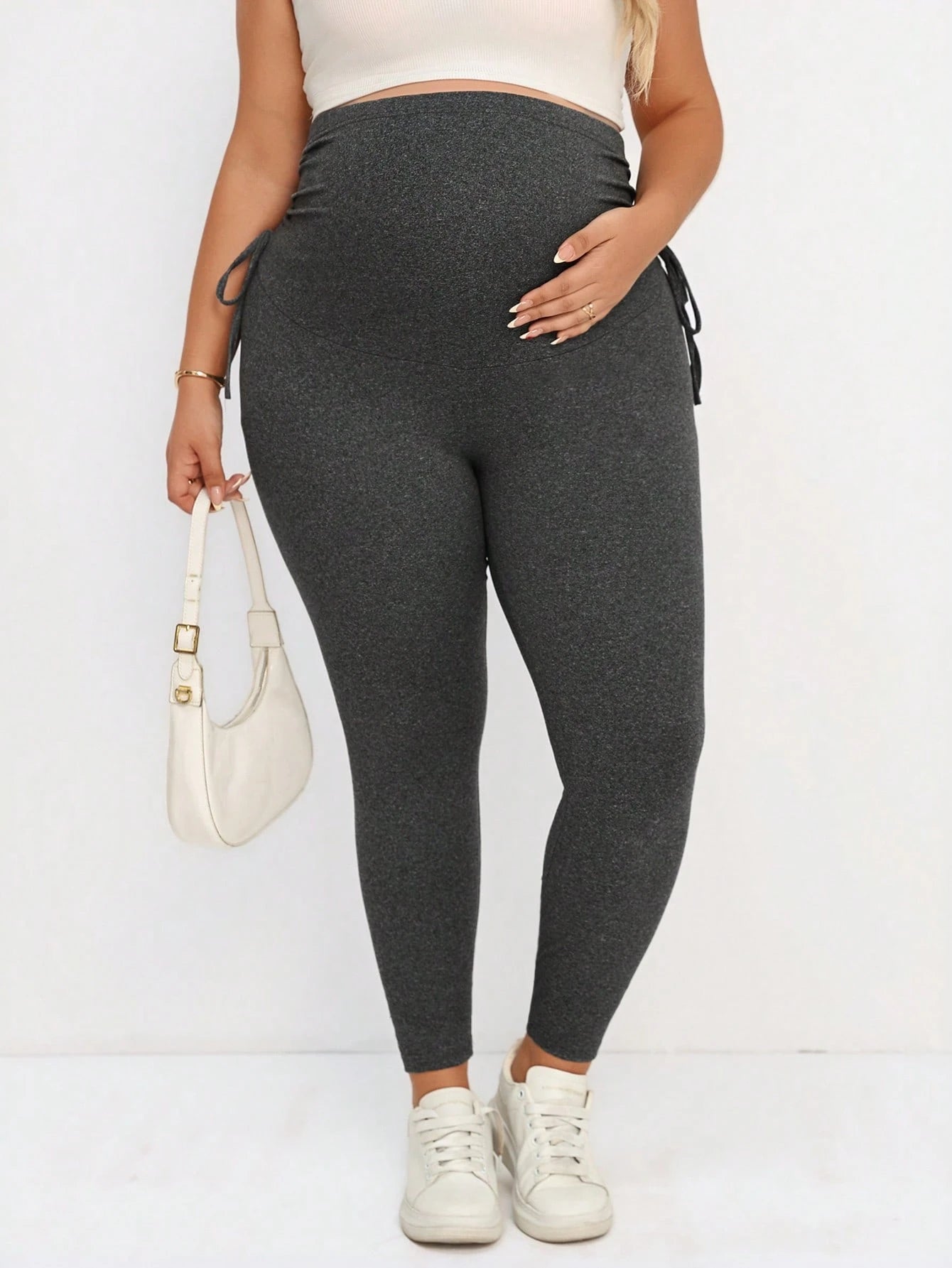 Plussiva Plus Size Maternity Solid Color Adjustable Waist Drawstring Leggings Maternity Leggings Pregnancy Leggings Fall