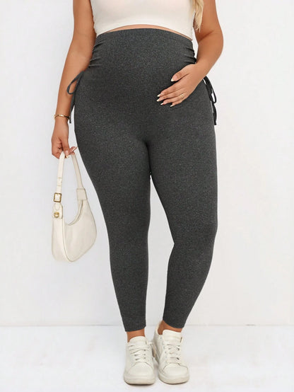 Plussiva Plus Size Maternity Solid Color Adjustable Waist Drawstring Leggings Maternity Leggings Pregnancy Leggings Fall