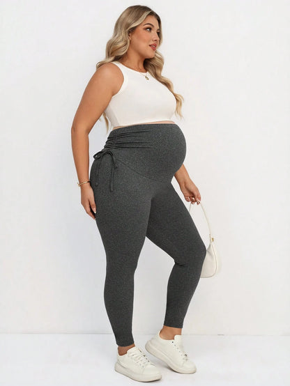 Plussiva Plus Size Maternity Solid Color Adjustable Waist Drawstring Leggings Maternity Leggings Pregnancy Leggings Fall