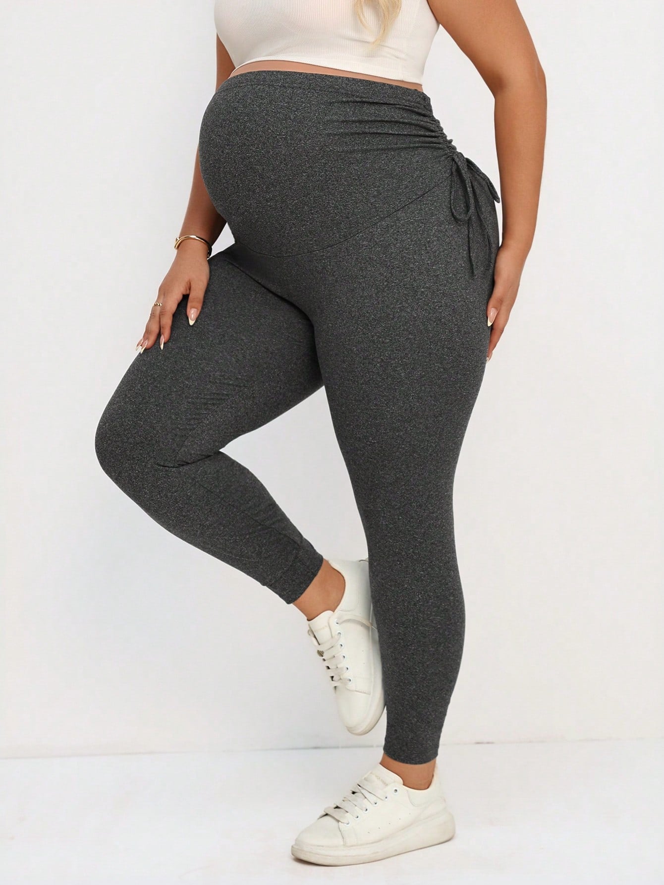 Plussiva Plus Size Maternity Solid Color Adjustable Waist Drawstring Leggings Maternity Leggings Pregnancy Leggings Fall