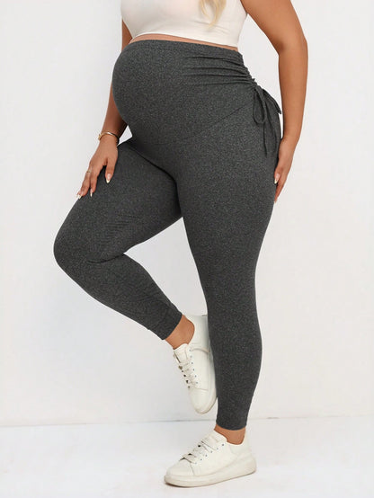 Plussiva Plus Size Maternity Solid Color Adjustable Waist Drawstring Leggings Maternity Leggings Pregnancy Leggings Fall