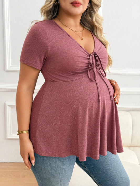 Plussiva Plus Size Maternity V-Neck Drawstring Knot Casual Short Sleeve Top
