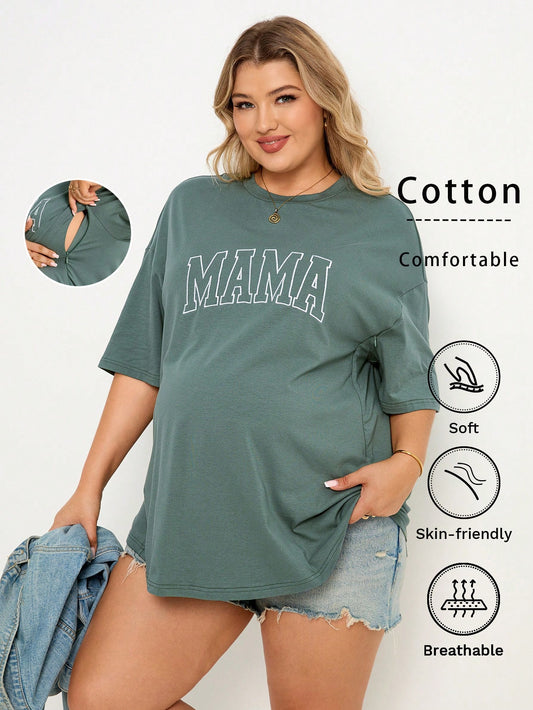 Plussiva Plus Size Pregnant Women Letter Print Zip-Up Nursing Function Round Neck Short Sleeve T-Shirt