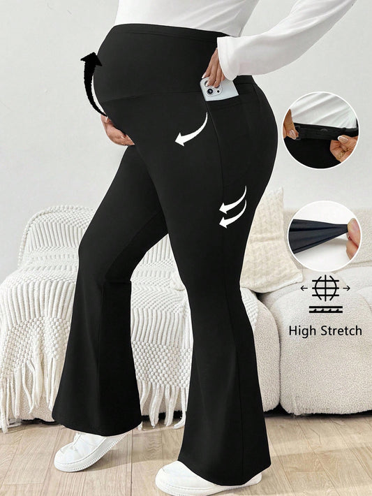 Plussiva Summer Clothes, Clothes,Maternity/ Plus Size Casual Solid Color Flare Pants Pregnancy Bell Bottoms Bottom Maternity Photoshoot Black