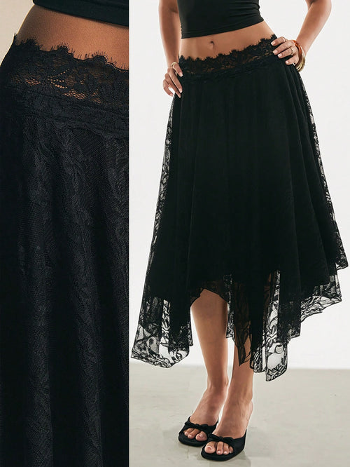 Poéselle Women's Black Floral Autumn Elegant Goth Date Night Party Lace Midi Skirt, High Waist Asymmetrical Hem Flowy A-Line Skirt, Minimalist Solid
