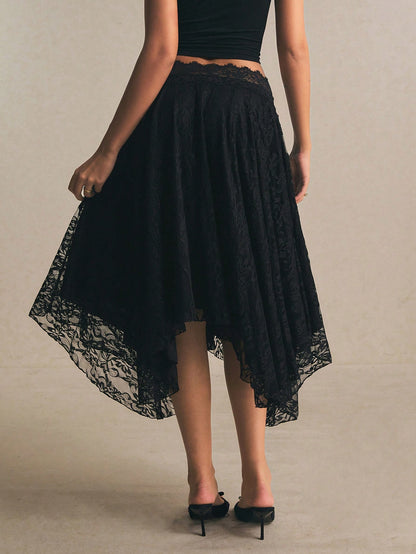 Poéselle Women's Black Floral Autumn Elegant Goth Date Night Party Lace Midi Skirt, High Waist Asymmetrical Hem Flowy A-Line Skirt, Minimalist Solid
