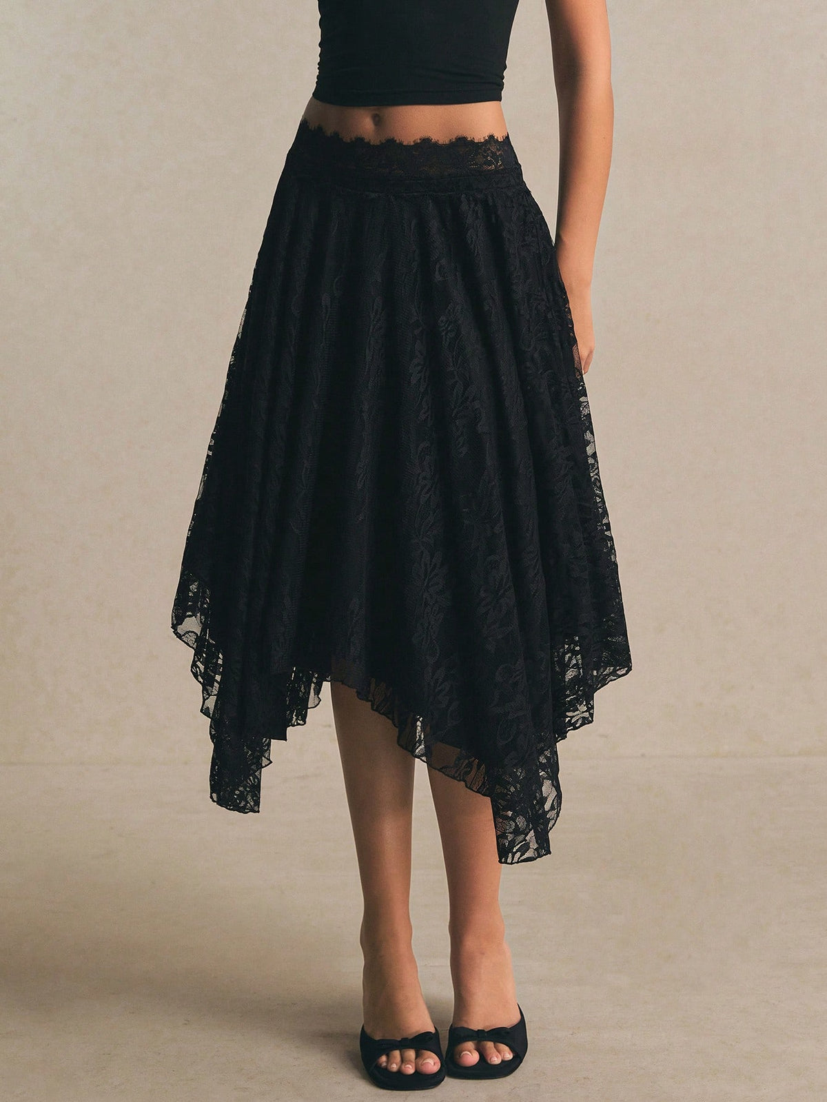 Poéselle Women's Black Floral Autumn Elegant Goth Date Night Party Lace Midi Skirt, High Waist Asymmetrical Hem Flowy A-Line Skirt, Minimalist Solid
