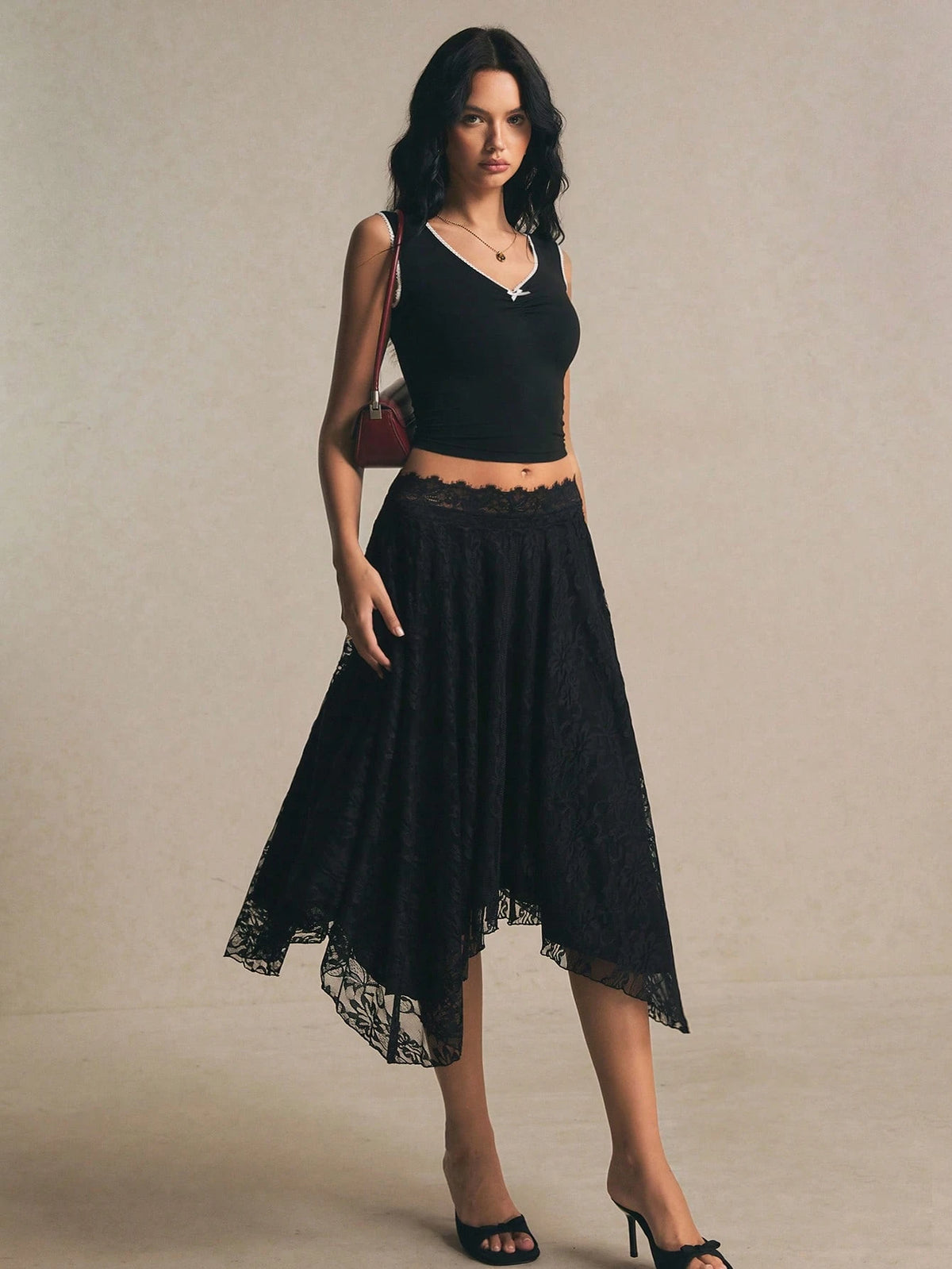 Poéselle Women's Black Floral Autumn Elegant Goth Date Night Party Lace Midi Skirt, High Waist Asymmetrical Hem Flowy A-Line Skirt, Minimalist Solid