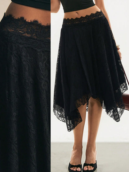 Poéselle Women's Black Floral Autumn Elegant Goth Date Night Party Lace Midi Skirt, High Waist Asymmetrical Hem Flowy A-Line Skirt, Minimalist Solid