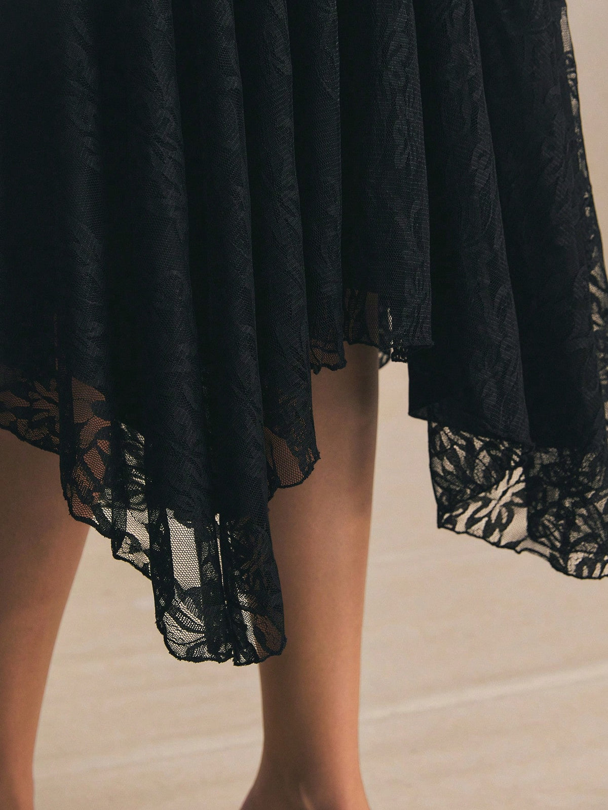 Poéselle Women's Black Floral Autumn Elegant Goth Date Night Party Lace Midi Skirt, High Waist Asymmetrical Hem Flowy A-Line Skirt, Minimalist Solid
